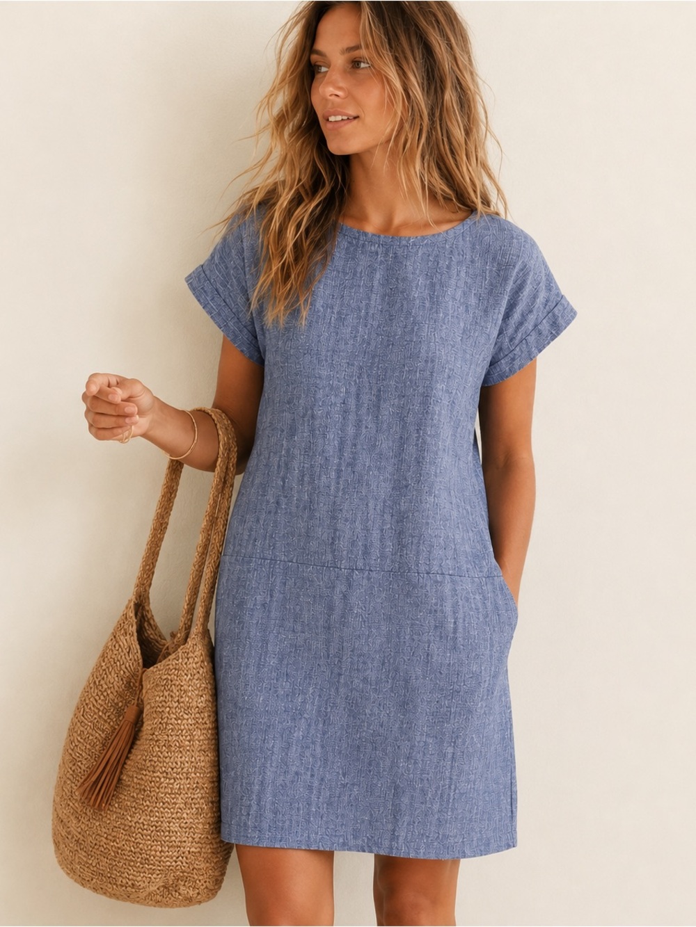 Garnet Hill 100% Linen Microstripe Drop Waist Shift Dress Blue White M - Picture 9 of 10